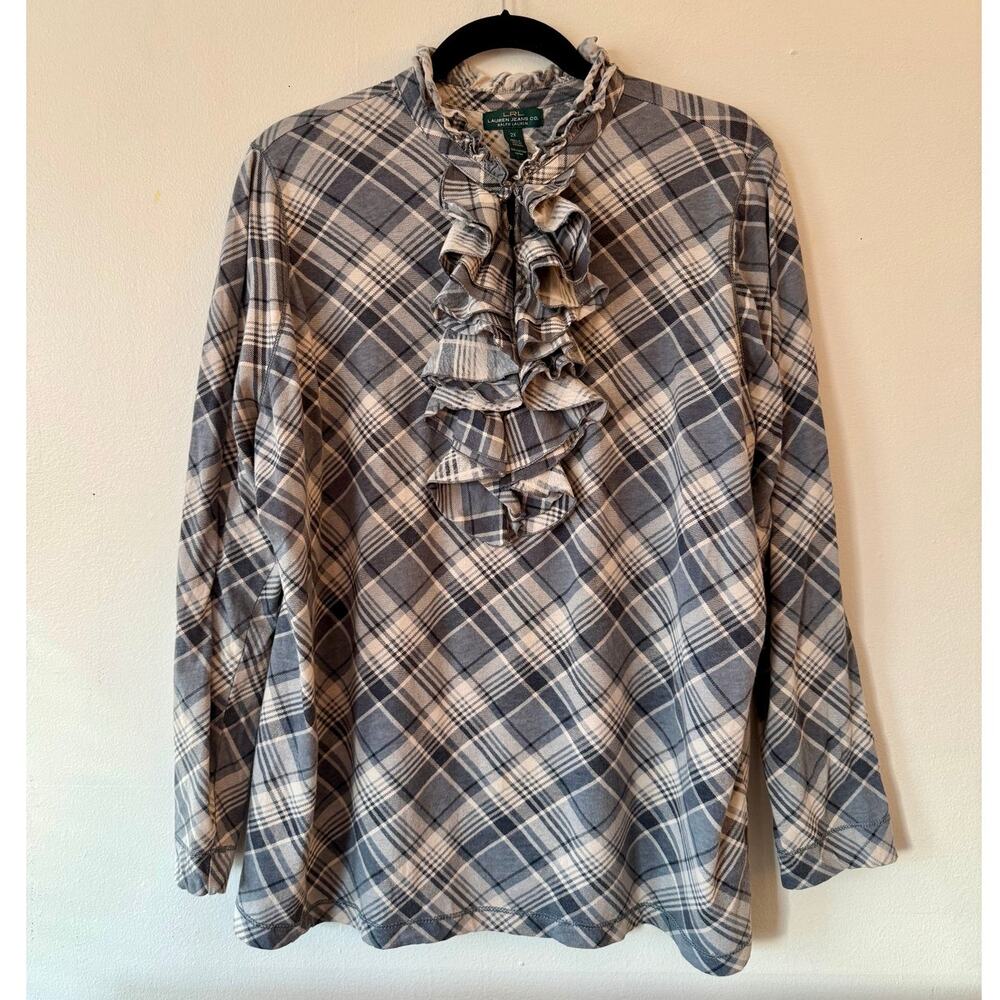 Lauren Ralph Lauren 2X Gray Plaid Ruffle Blouse – Long Sleeve